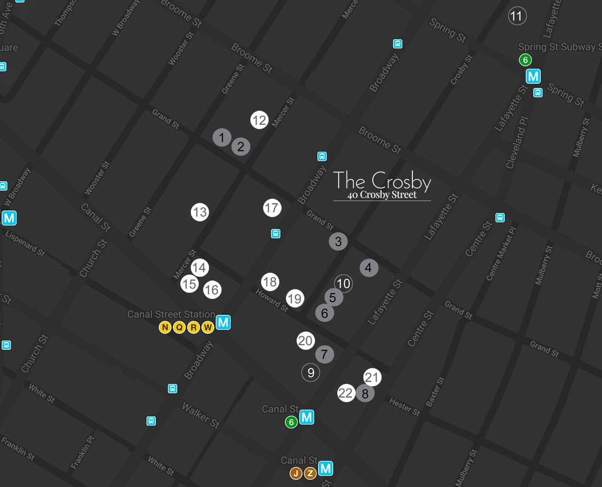 Map of the SoHo neighborhood around 40 Crosby St